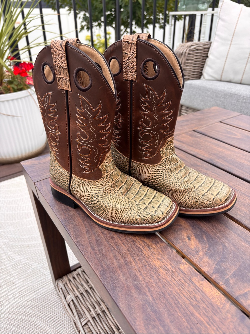 Kids Brown & Tan Western Embossed Cowboy Boots with Pull Tabs